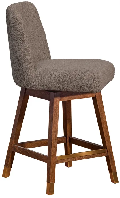 Amalie Swivel Counter Stool in Brown Oak Wood Finish with Taupe Boucle Fabric