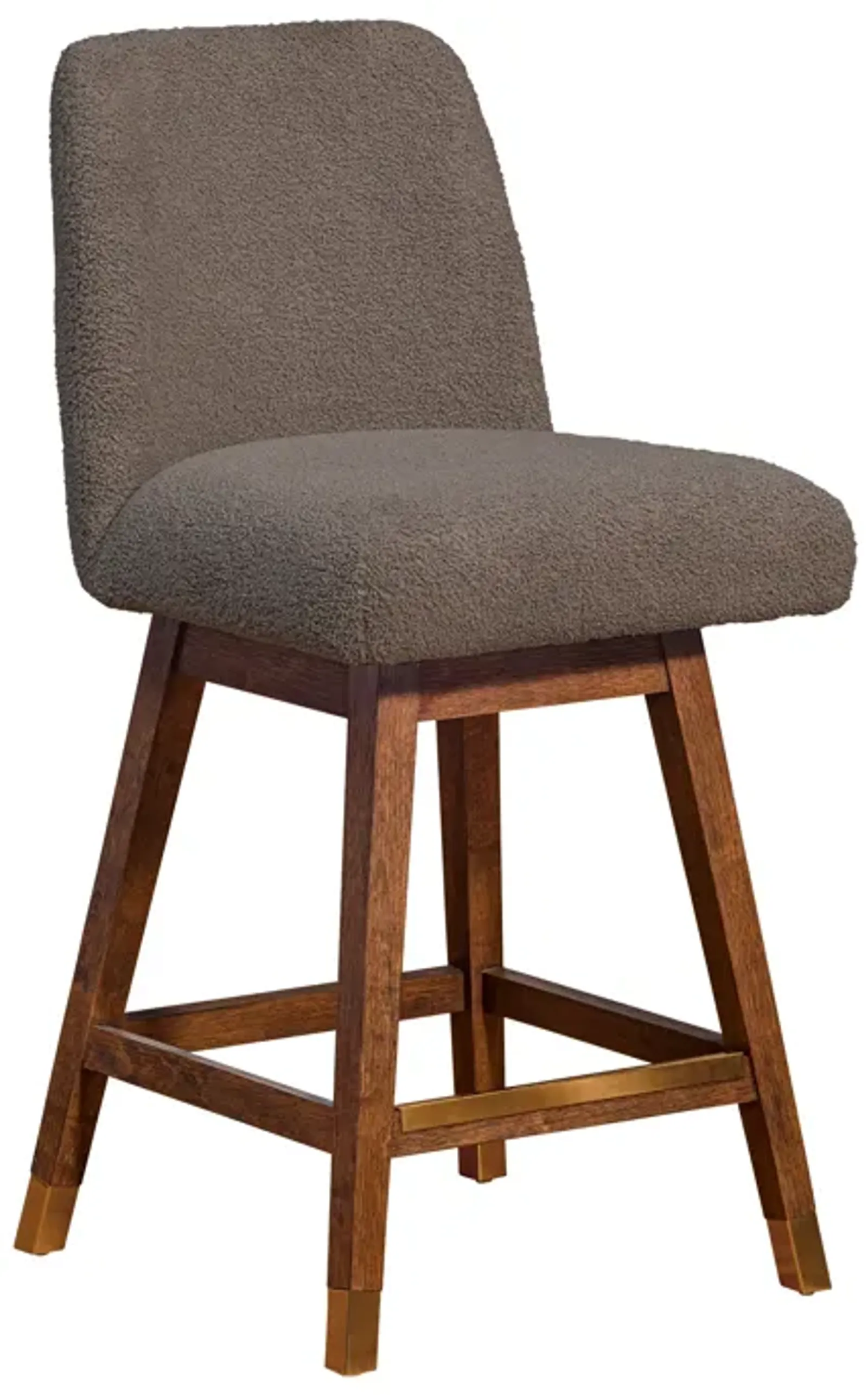 Amalie Swivel Counter Stool in Brown Oak Wood Finish with Taupe Boucle Fabric