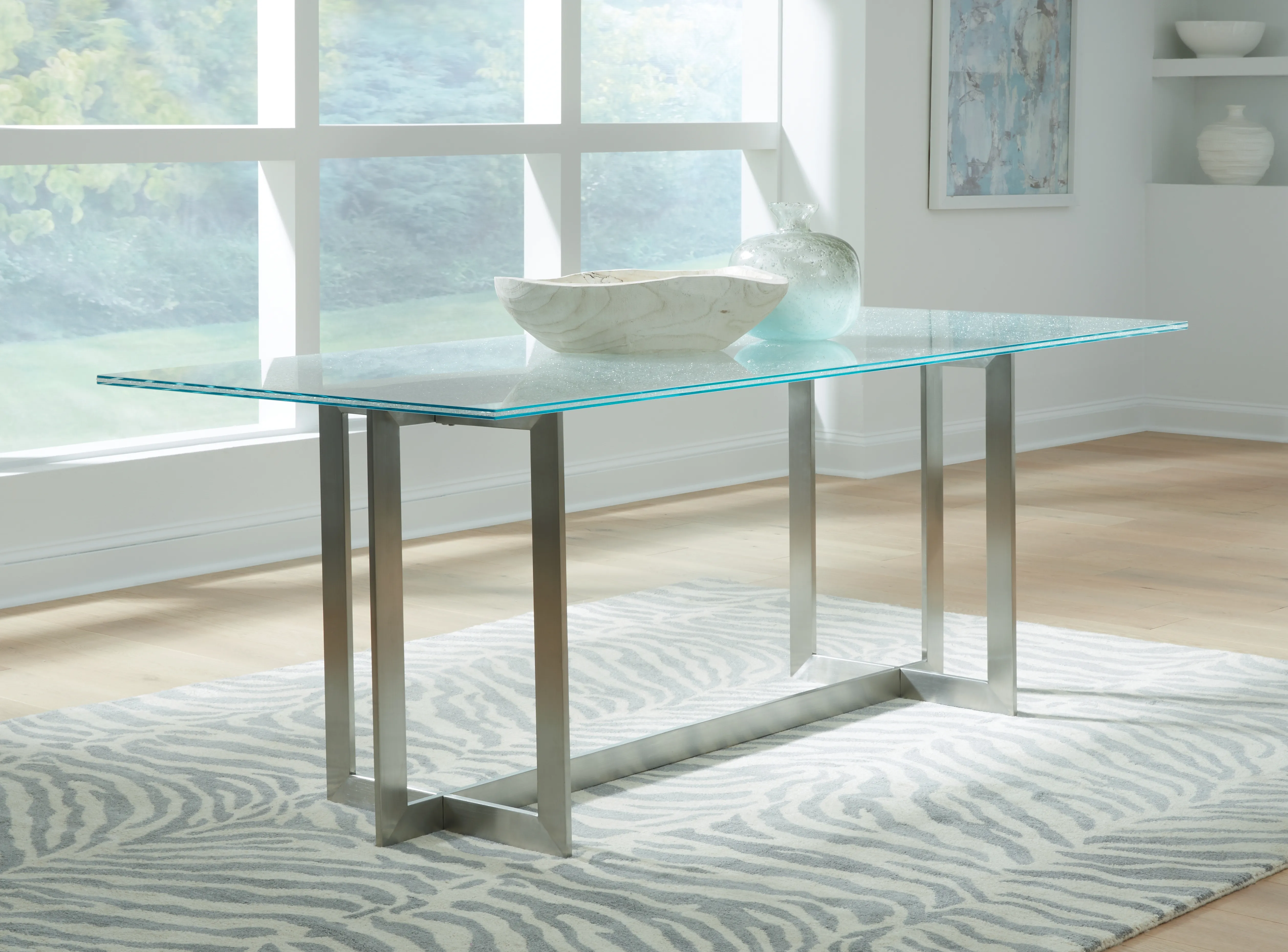 Eliza Cracked Glass Dining Table in Brushed Stainless Steel