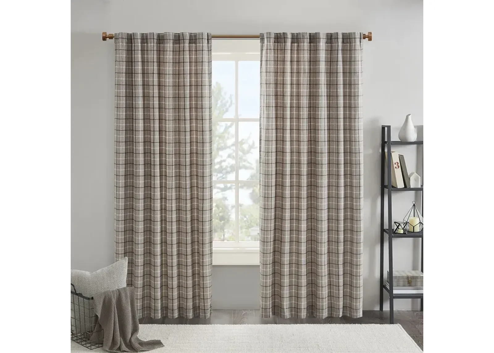 Madison Park Anaheim Brown Plaid Rod Pocket and Back Tab Curtain Panel with Fleece Lining