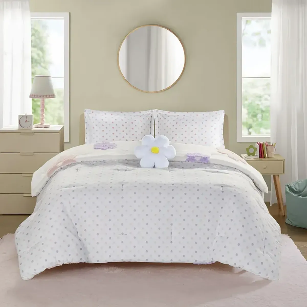 Gracie Floral Reversible Tufted Chenille Comforter Set with Flower Throw Pillow