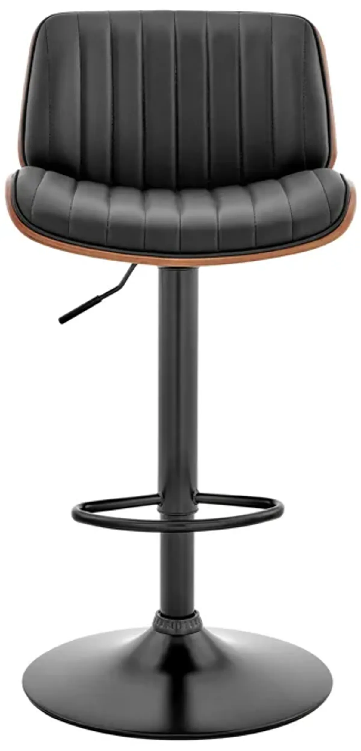 Brock Adjustable Black Faux Leather and Walnut Wood Bar Stool with Black Base