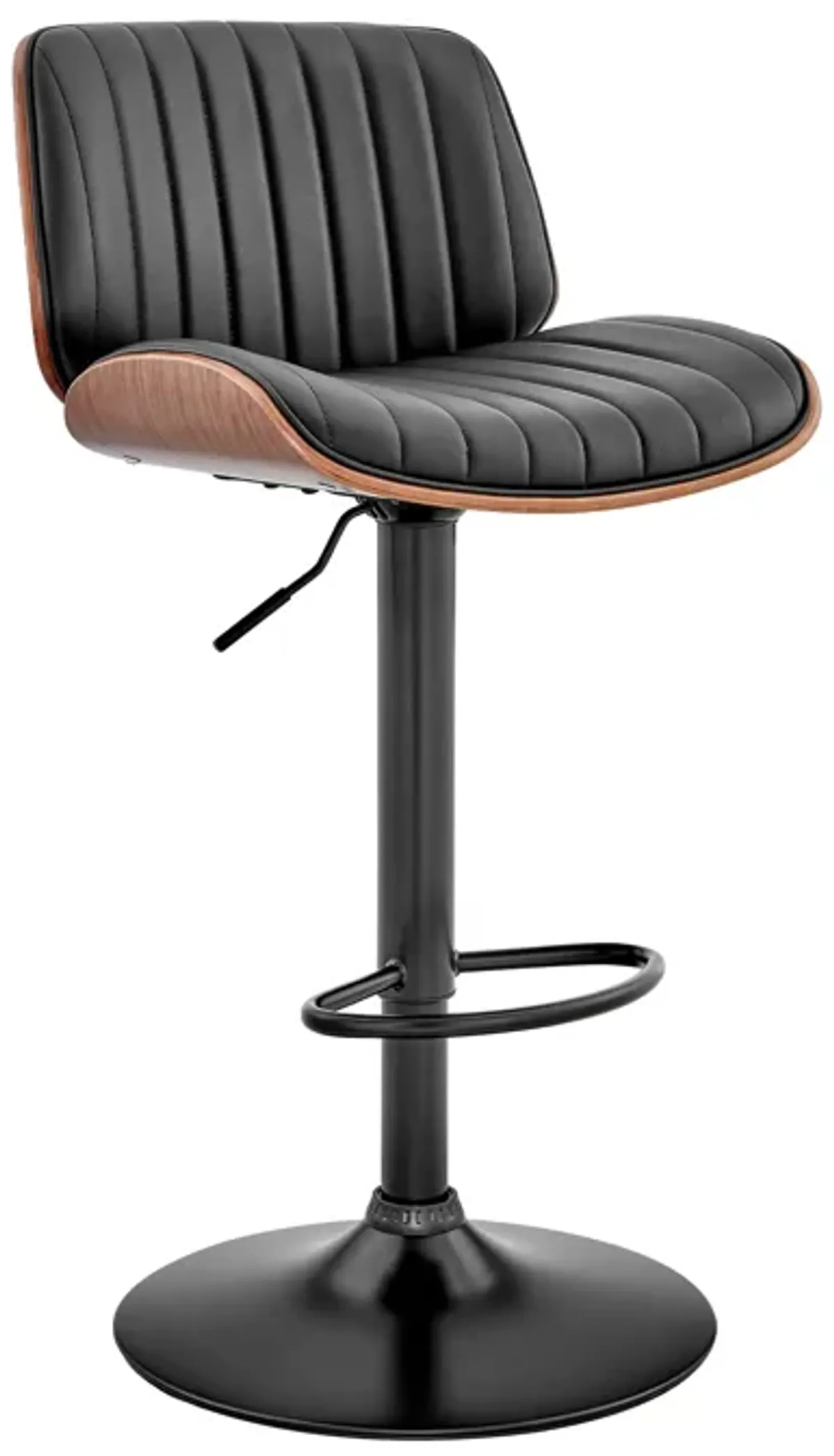 Brock Adjustable Black Faux Leather and Walnut Wood Bar Stool with Black Base