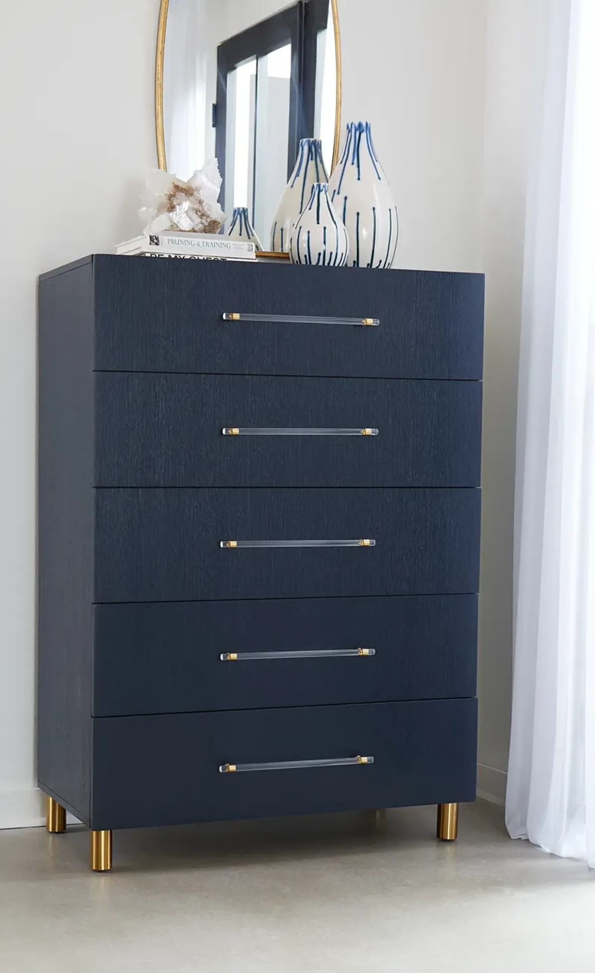 Argento Five Drawer Chest in Navy Blue and Burnished Brass (2024)