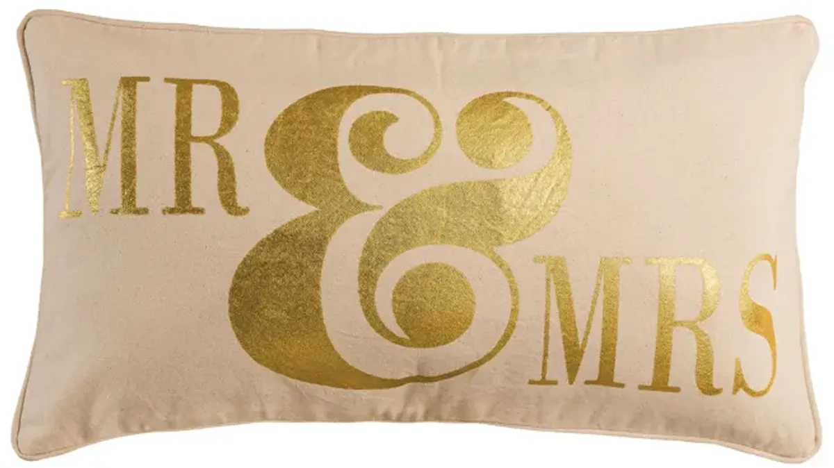 Mr. and Mrs. 20x12 Pillow in Bleached White with Gold Print