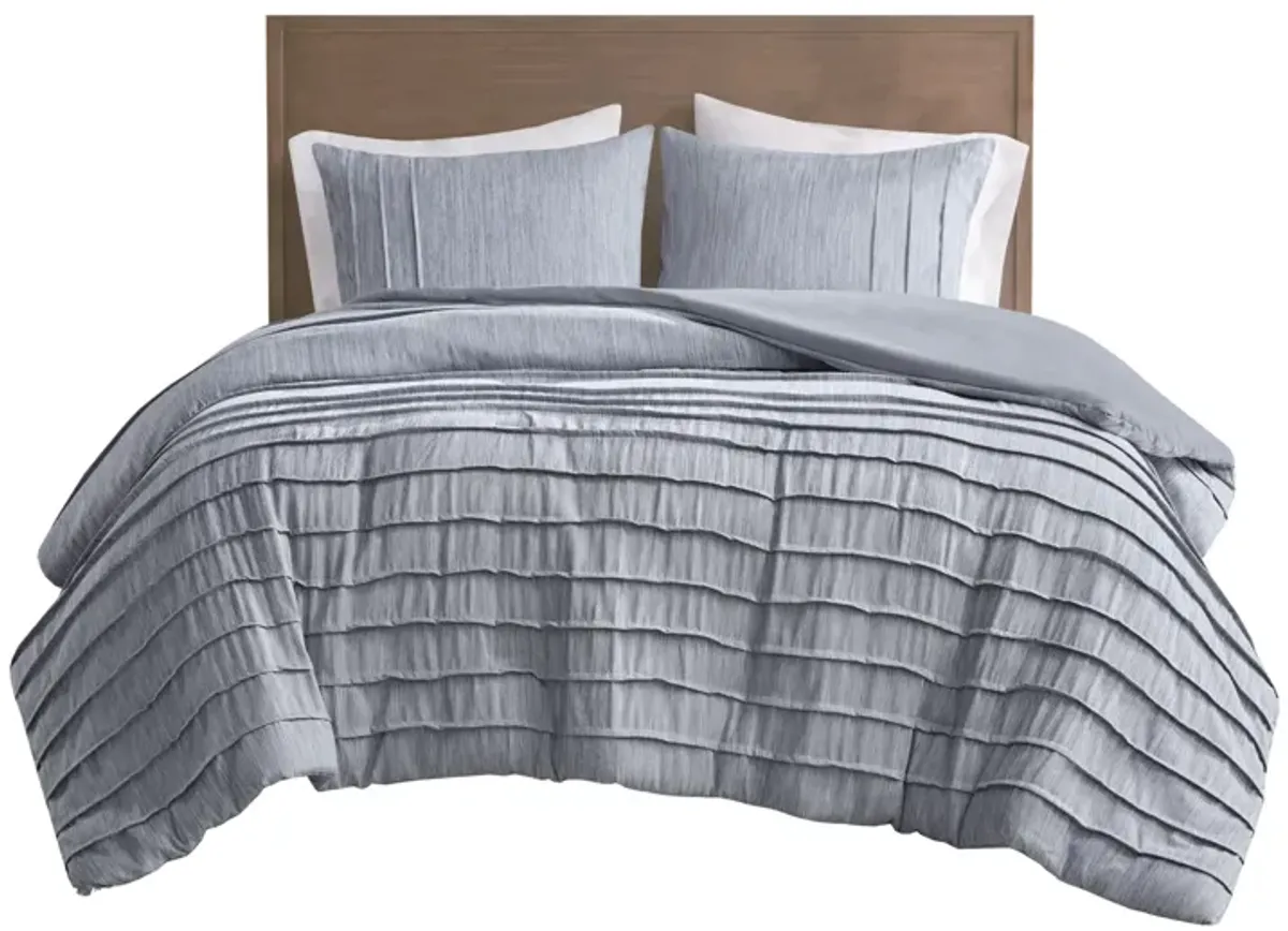 Beautyrest Maddox Blue 3 Piece Striated Cationic Dyed Oversized Duvet Cover Set with Pleats