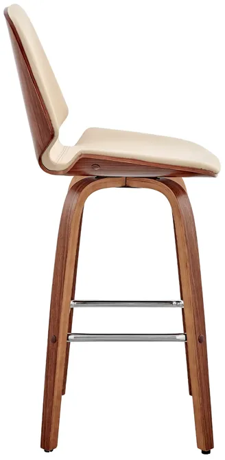 Arabela 26" Cream Faux Leather and Walnut Wood Swivel Bar Stool