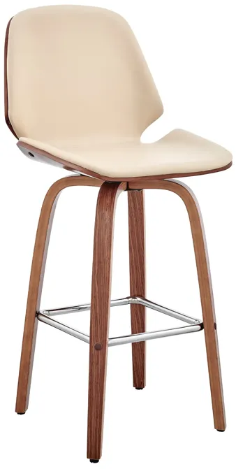 Arabela 26" Cream Faux Leather and Walnut Wood Swivel Bar Stool