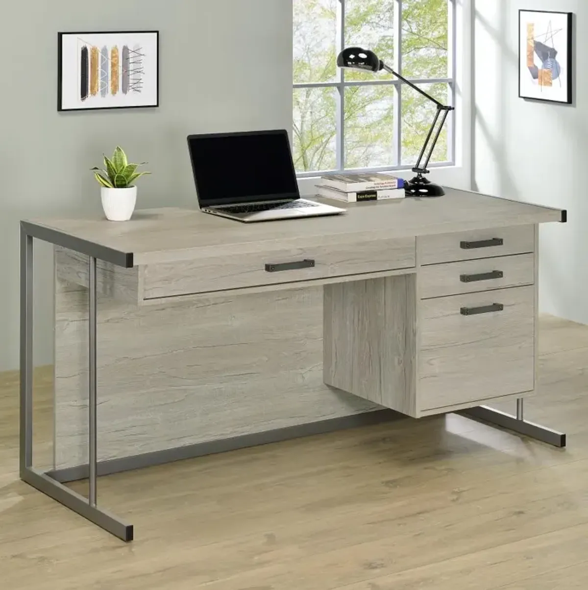 Skelmersdale 4-Drawer Rectangular Office Desk Whitewashed Grey And Gunmetal