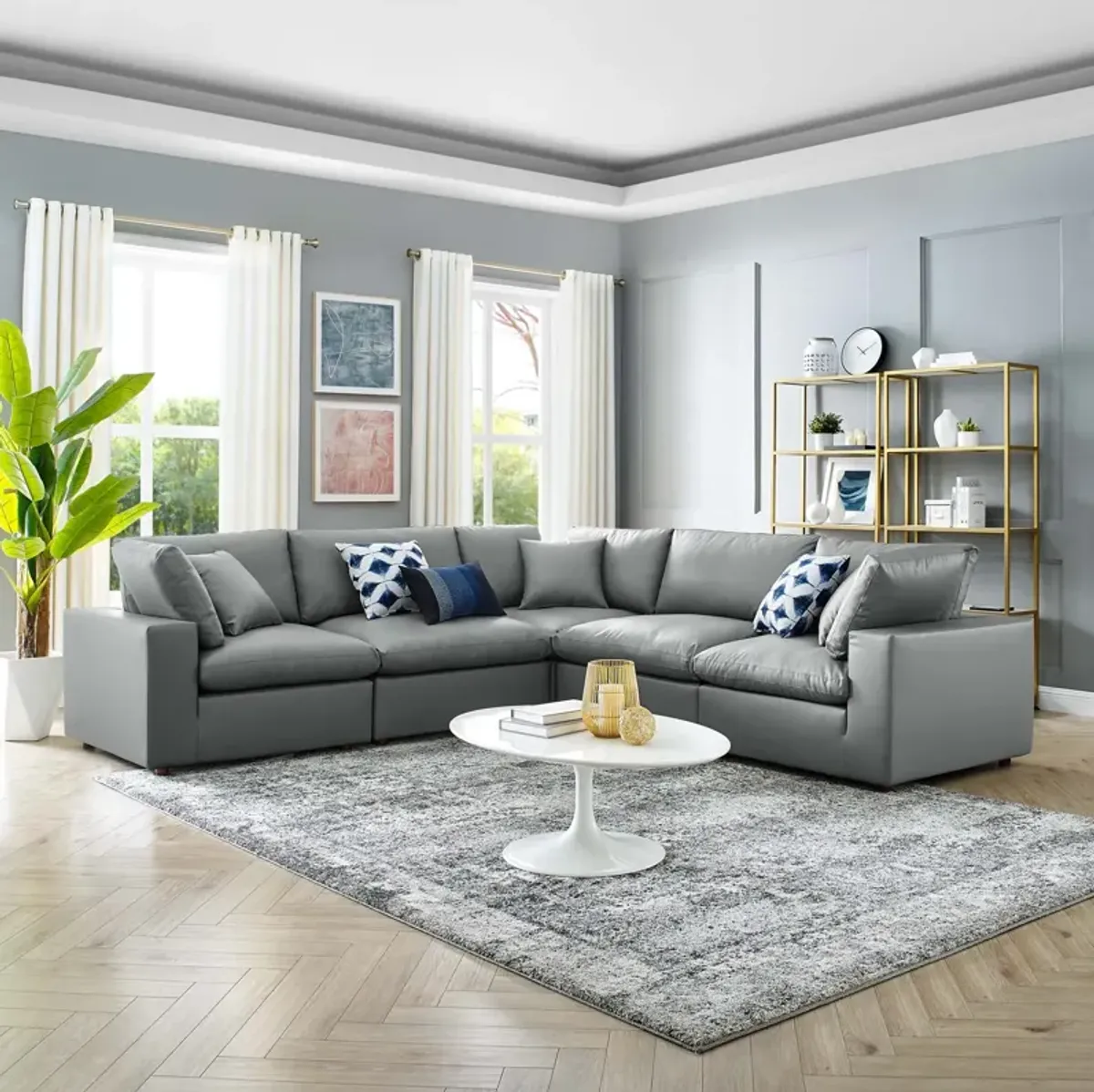 Commix Down Filled Overstuffed Vegan Leather 5-Piece Sectional Sofa