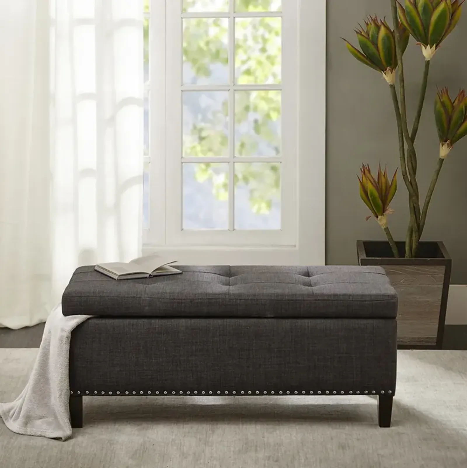 Madison Park Shandra II Charcoal Tufted Top Soft Close Storage Bench