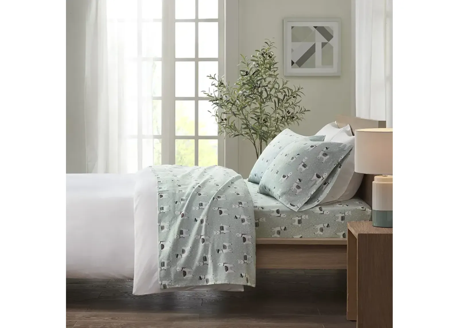 True North by Sleep Philosophy Cozy Flannel Seafoam Llama Printed Sheet Set