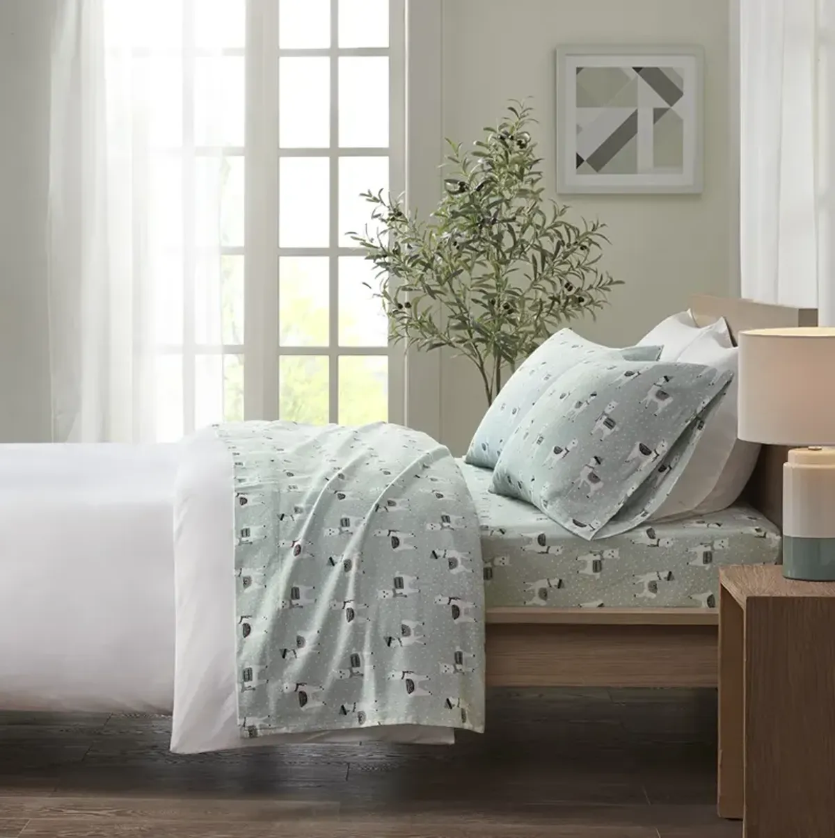 True North by Sleep Philosophy Cozy Flannel Seafoam Llama Printed Sheet Set