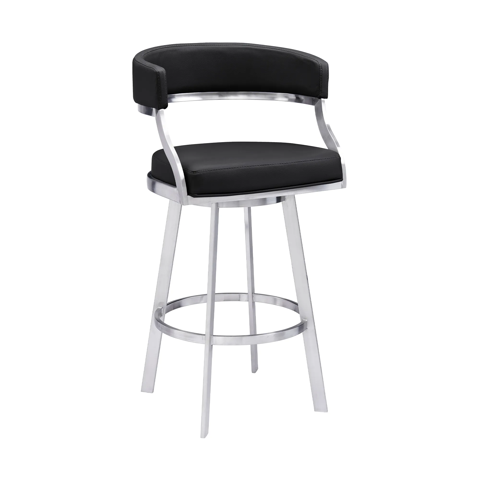 Dione 26" Counter Height Swivel Black Faux Leather and Brushed Stainless Steel Bar Stool