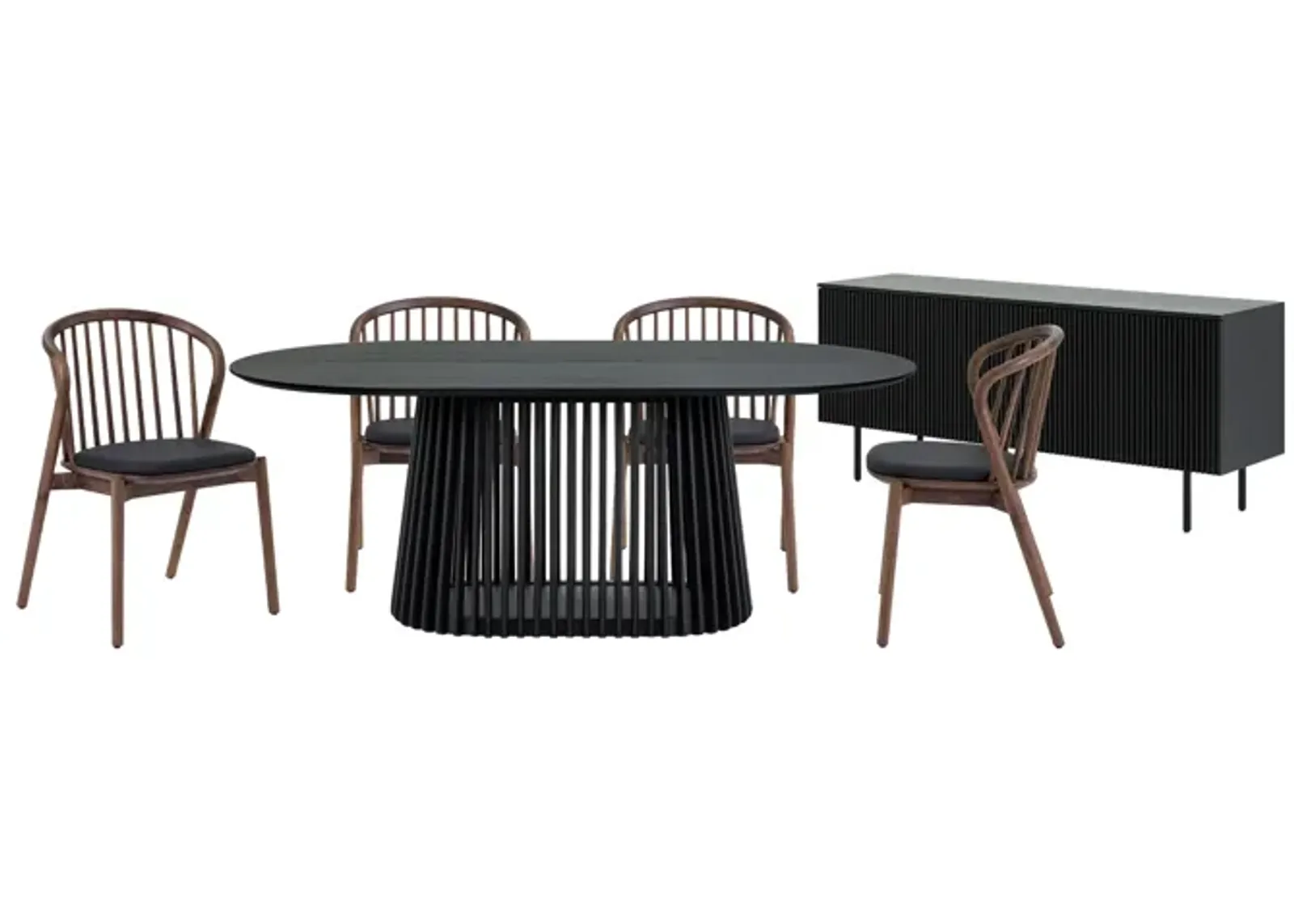 Pasadena Echo 6 Piece Oval Dining Set with Buffet in Black Oak Finish with Walnut Finish Chairs