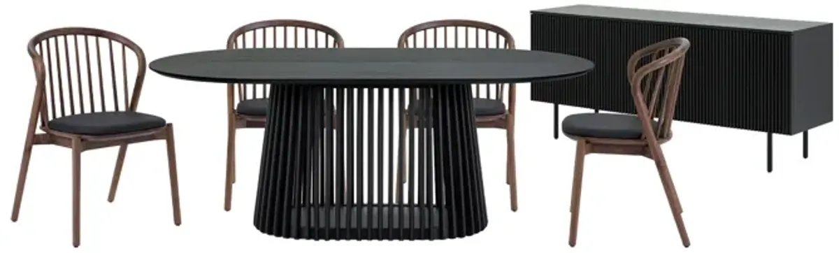 Pasadena Echo 6 Piece Oval Dining Set with Buffet in Black Oak Finish with Walnut Finish Chairs