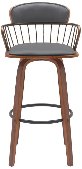 Willow 30" Swivel Walnut Wood Bar Stool in Gray Faux Leather with Golden Bronze Metal