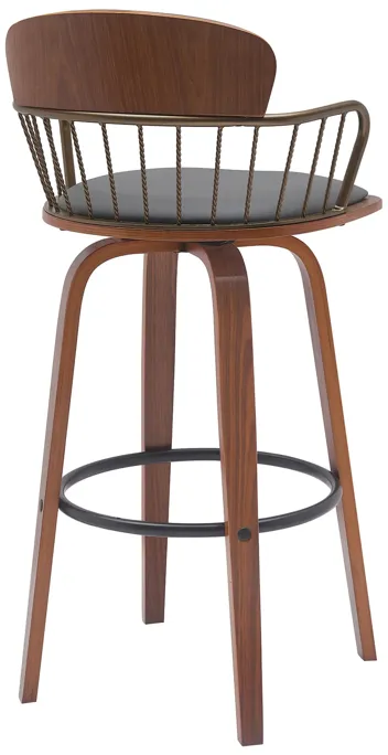 Willow 30" Swivel Walnut Wood Bar Stool in Gray Faux Leather with Golden Bronze Metal