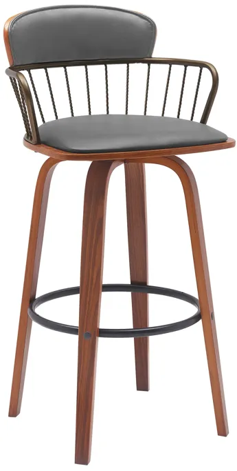 Willow 30" Swivel Walnut Wood Bar Stool in Gray Faux Leather with Golden Bronze Metal