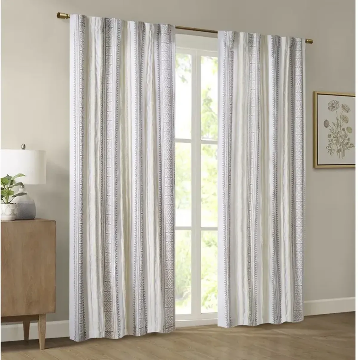 Poly Printed Curtain Panel with Tufted Stripe and Lining