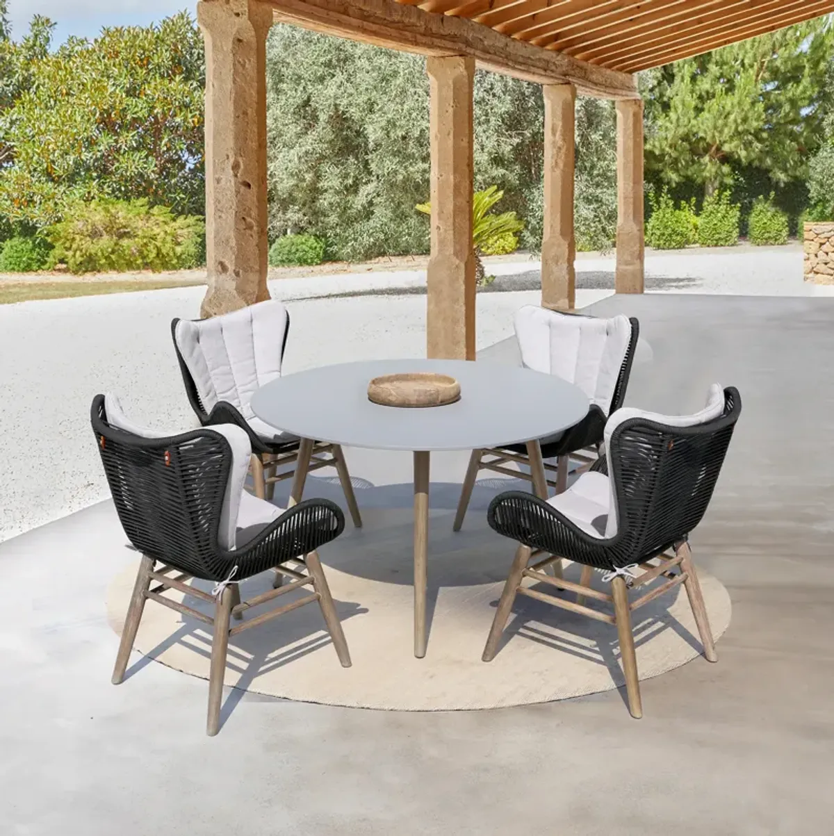 Sydney and Fanny 5 Piece Outdoor Patio Dining Set in Light Eucalyptus Wood with Charcoal Rope and Gray Cushions