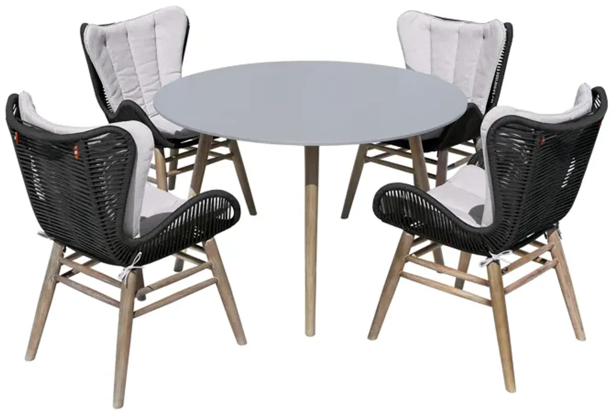 Sydney and Fanny 5 Piece Outdoor Patio Dining Set in Light Eucalyptus Wood with Charcoal Rope and Gray Cushions