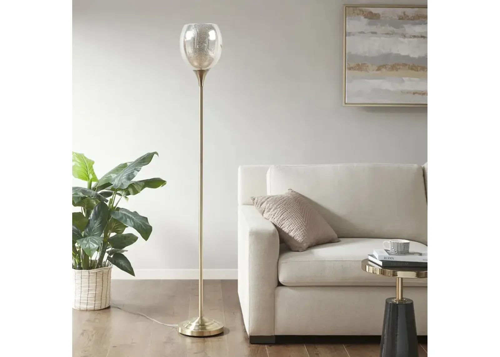 Hampton Hill Bellow Antique Brass Uplight Floor Lamp with Mercury Glass Shade