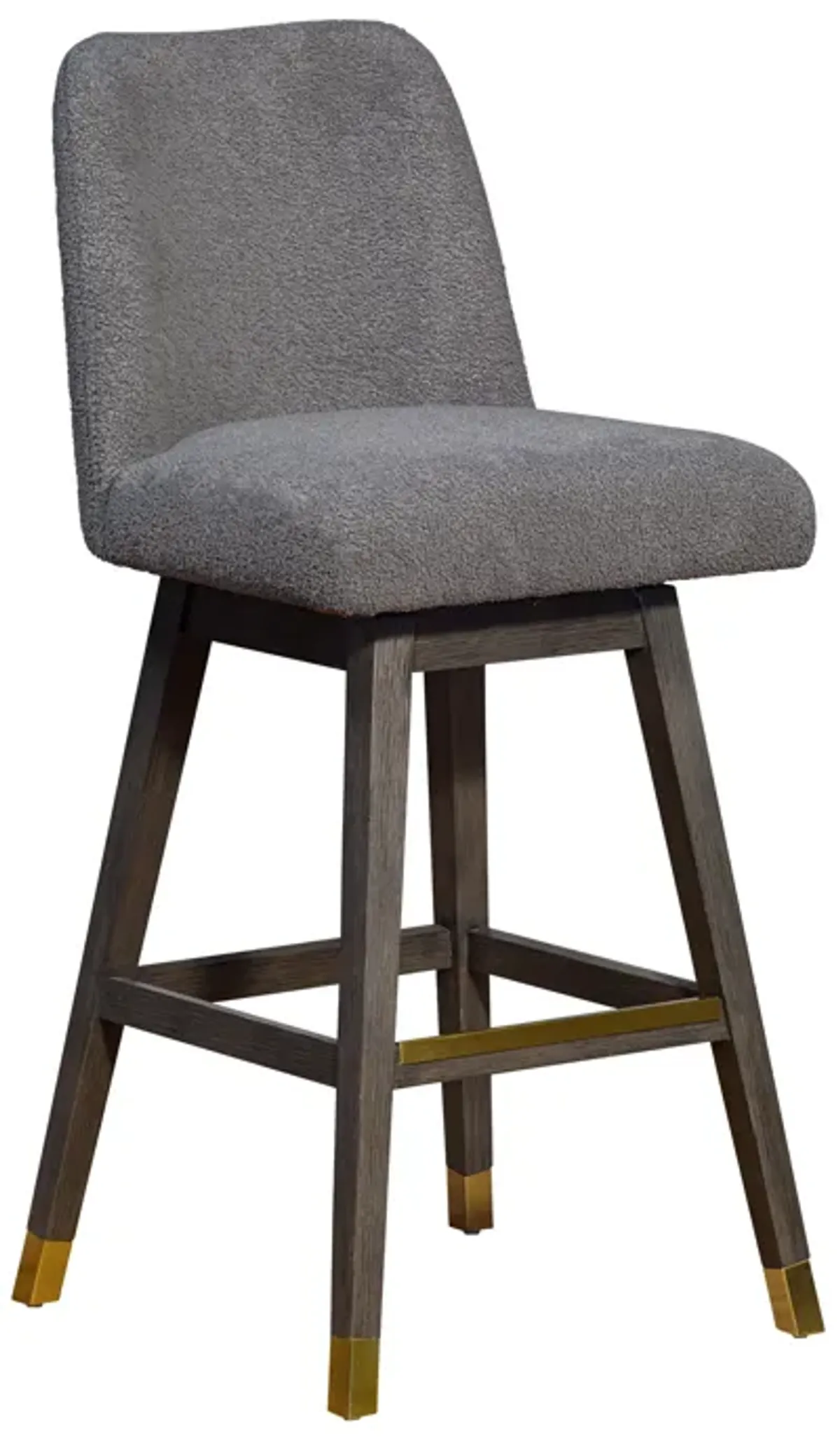 Amalie Swivel Bar Stool in Gray Oak Wood Finish with Gray Boucle Fabric