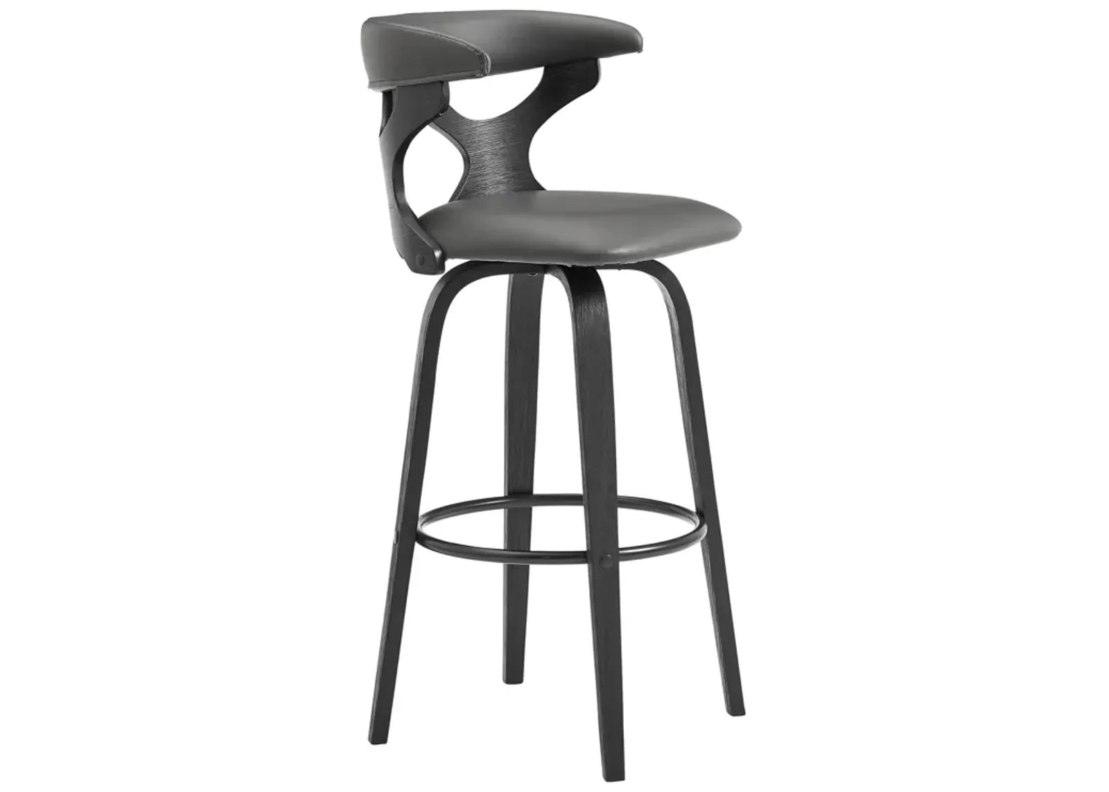 Zenia 30" Swivel Bar Stool in Gray Faux Leather and Black Wood