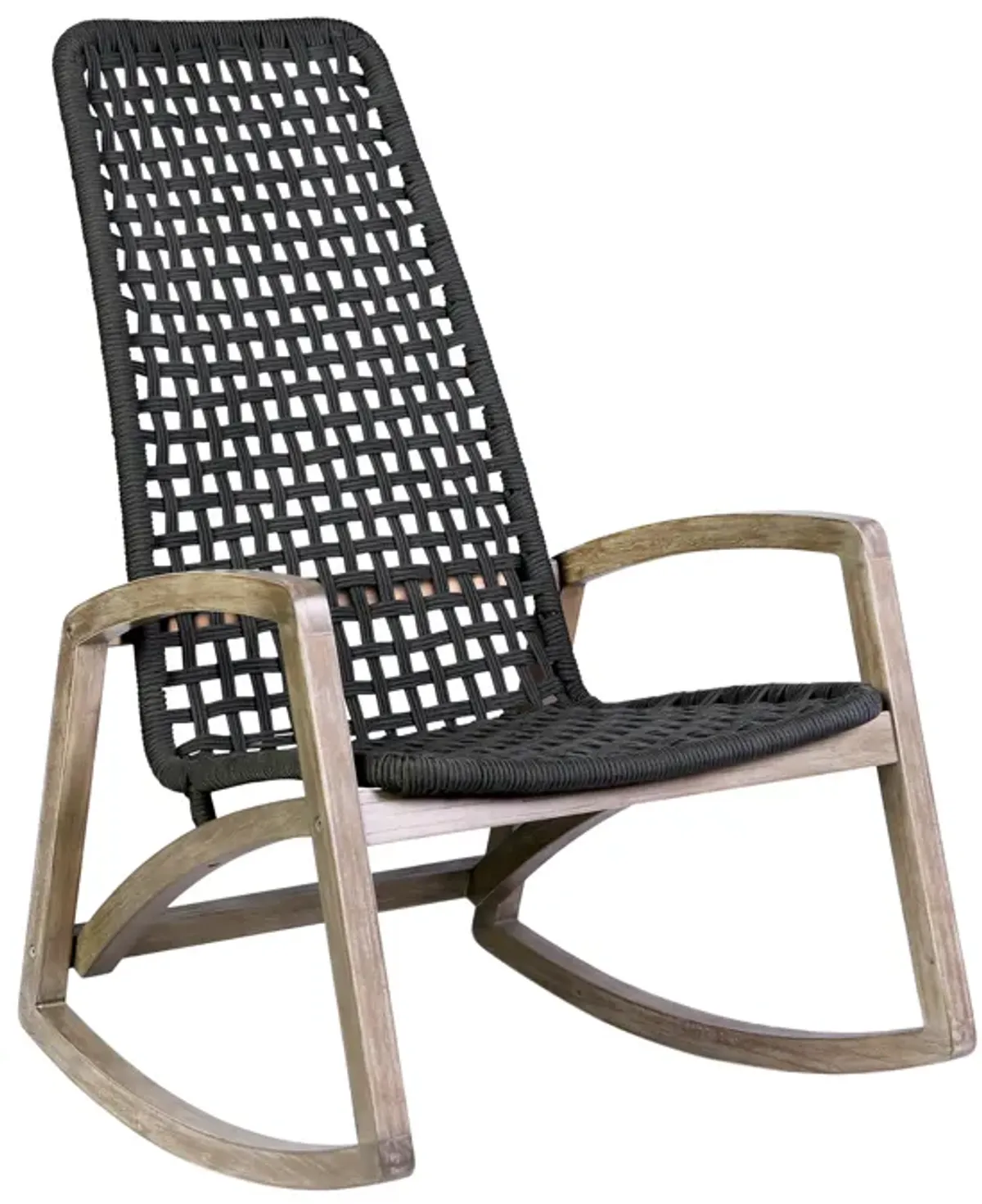 Sequoia Outdoor Patio Rocking Chair in Light Eucalyptus Wood and Charcoal Rope