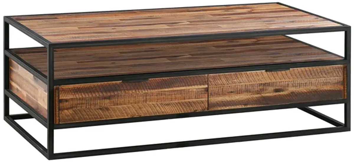 Ludgate Rectangle Coffee Table with Shelf in Acacia and Black Metal