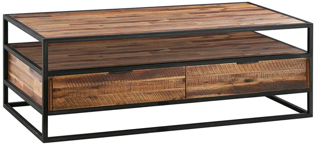 Ludgate Rectangle Coffee Table with Shelf in Acacia and Black Metal