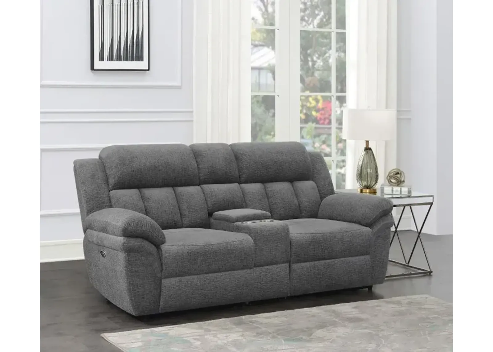 Bahrain Upholstered Power Loveseat with Console Charcoal