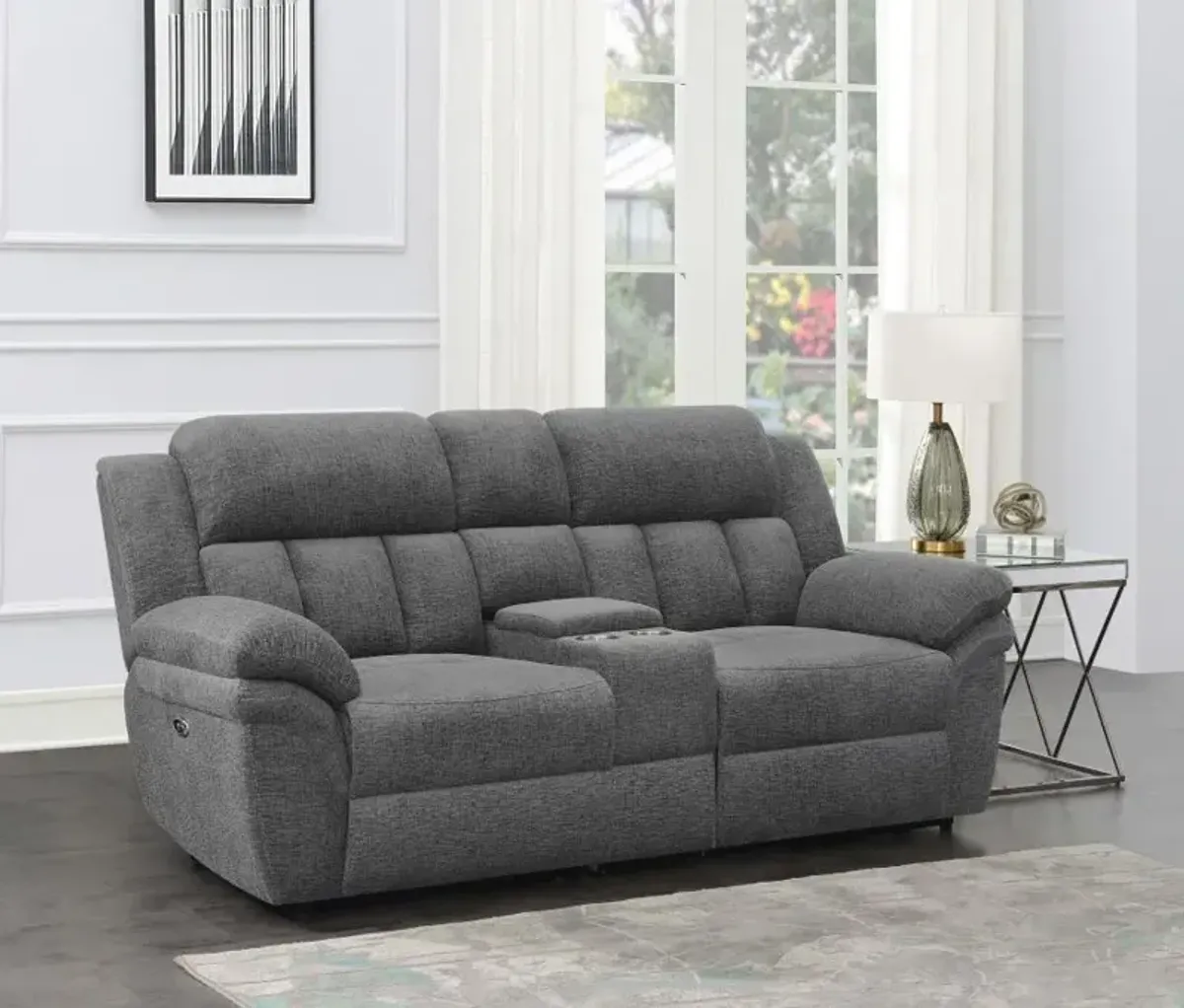 Bahrain Upholstered Power Loveseat with Console Charcoal