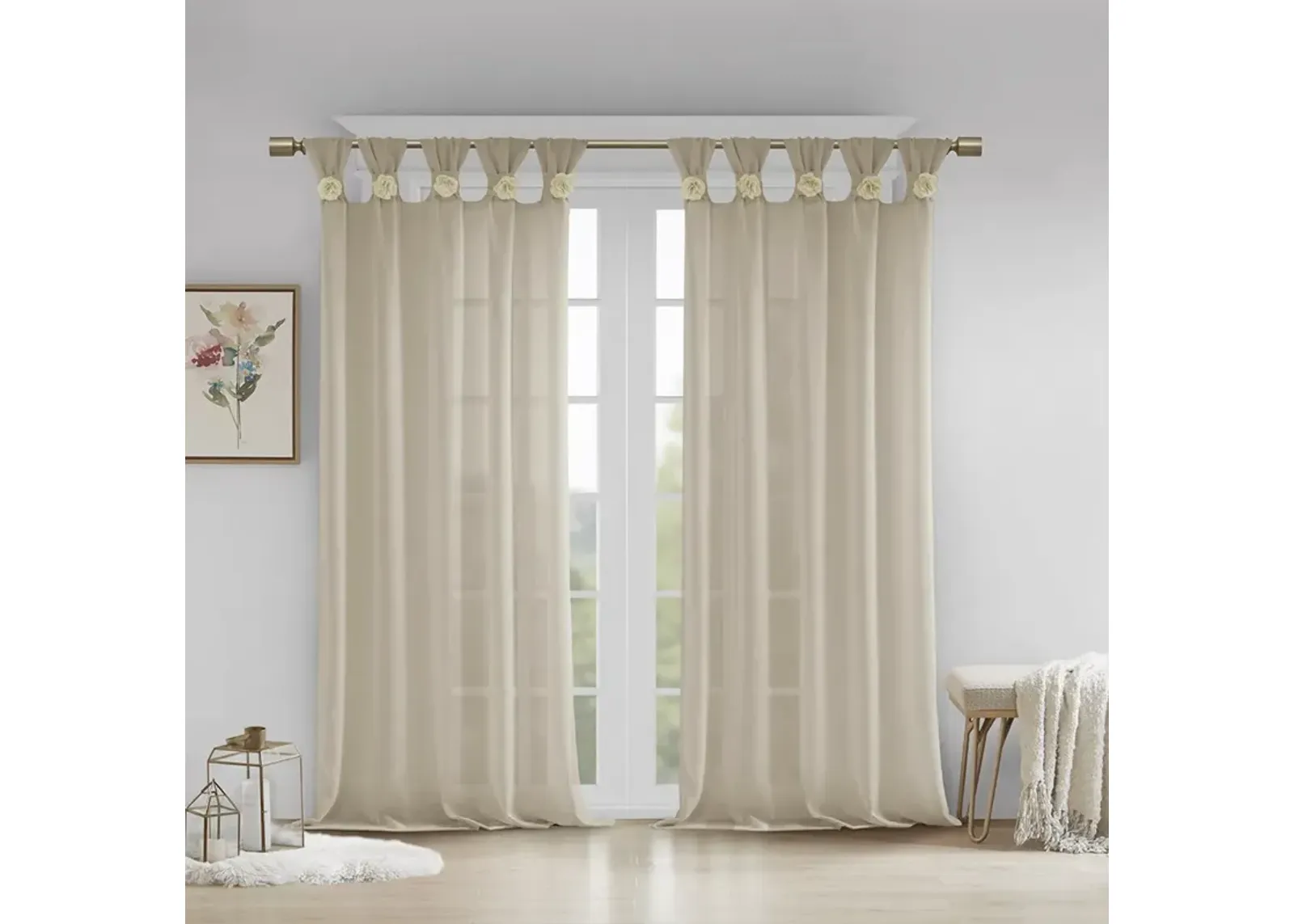 Madison Park Rosette Linen Floral Embellished Cuff Tab Top Solid Curtain Panel