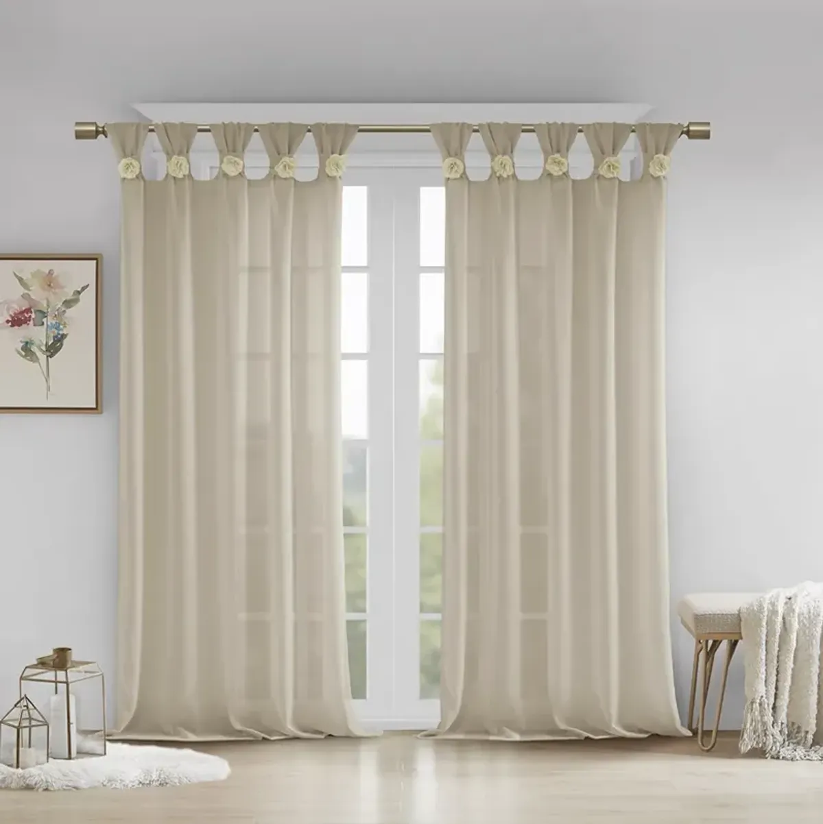 Madison Park Rosette Linen Floral Embellished Cuff Tab Top Solid Curtain Panel