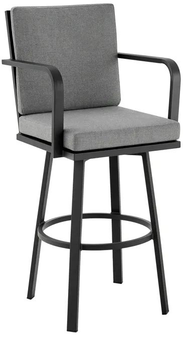 Don 30" Outdoor Patio Swivel Bar Stool in Black Aluminum with Gray Cushions