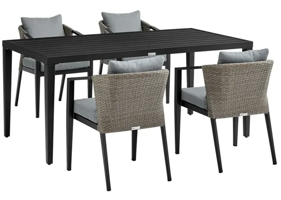 Aileen Outdoor Patio 5-Piece Dining Table Set in Aluminum and Wicker with Gray Cushions