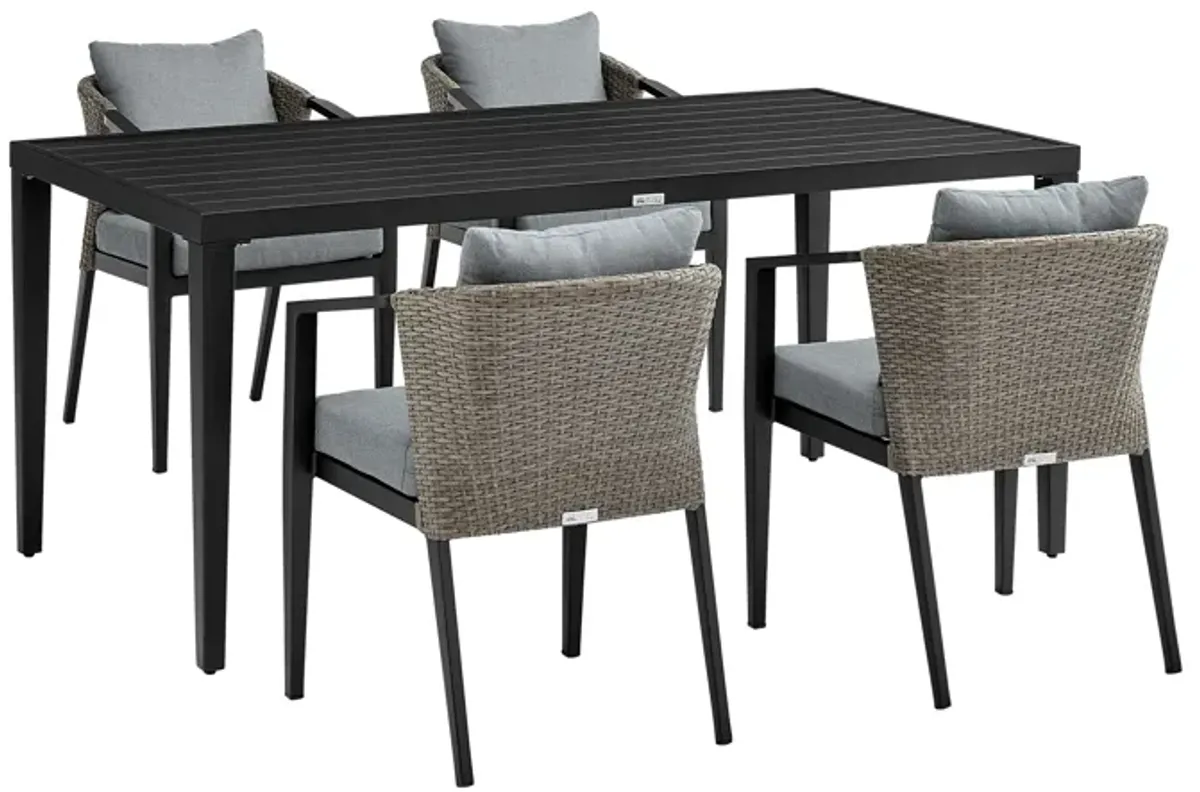 Aileen Outdoor Patio 5-Piece Dining Table Set in Aluminum and Wicker with Gray Cushions