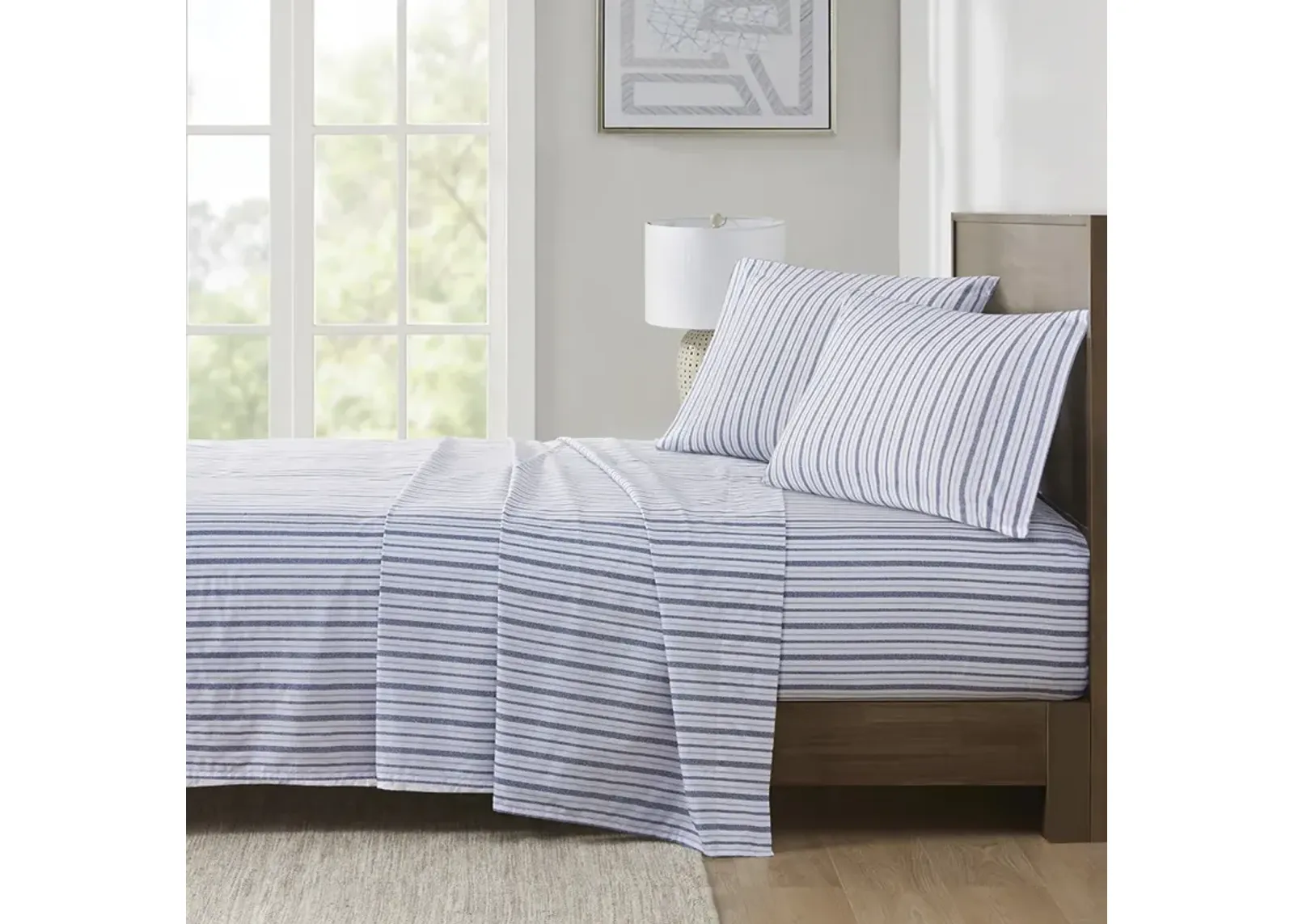 Madison Park Essentials 200 Thread Count Printed Cotton Blue Stripe Sheet Set