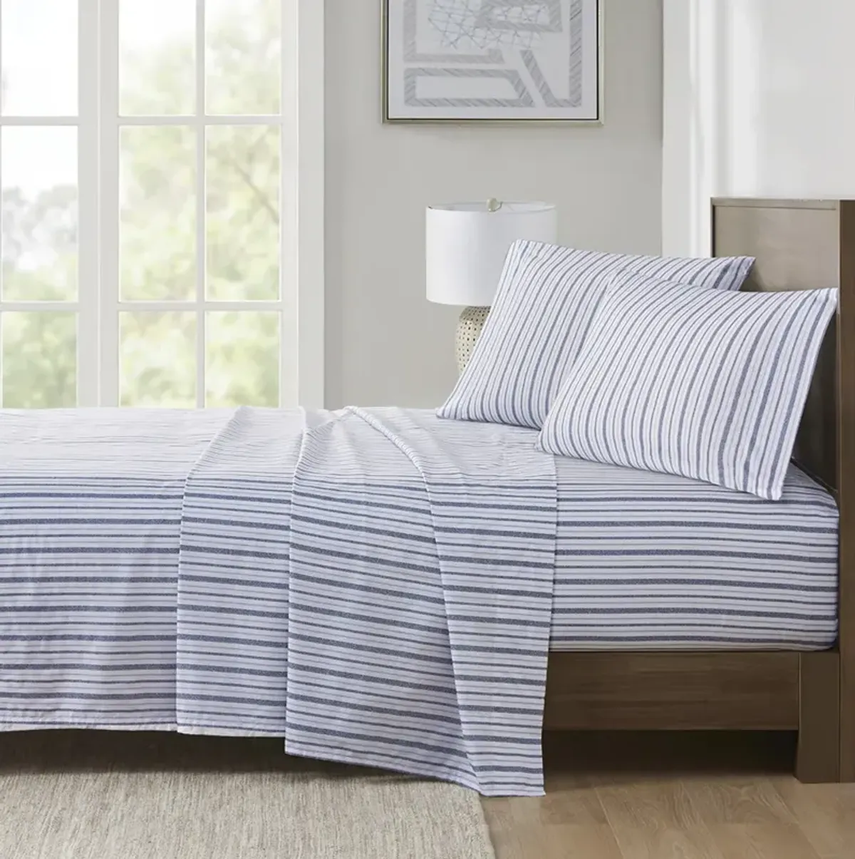 Madison Park Essentials 200 Thread Count Printed Cotton Blue Stripe Sheet Set