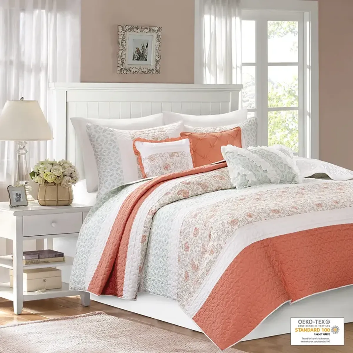 Madison Park Dawn Coral 6 Piece Cotton Percale Quilt Set with Throw Pillows