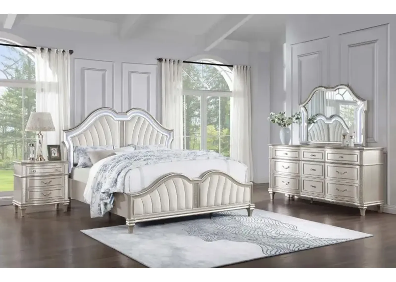 Evangeline 4-piece Upholstered Platform Queen Bedroom Set Ivory and Silver Oak