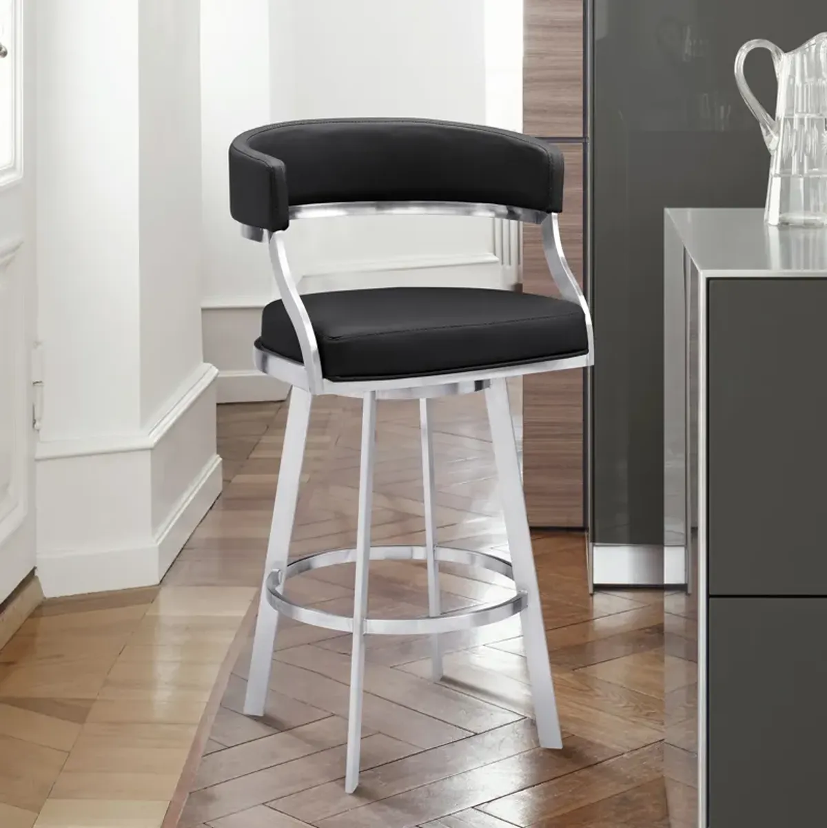 Saturn 30" Bar Height Swivel Black Faux Leather and Brushed Stainless Steel Bar Stool