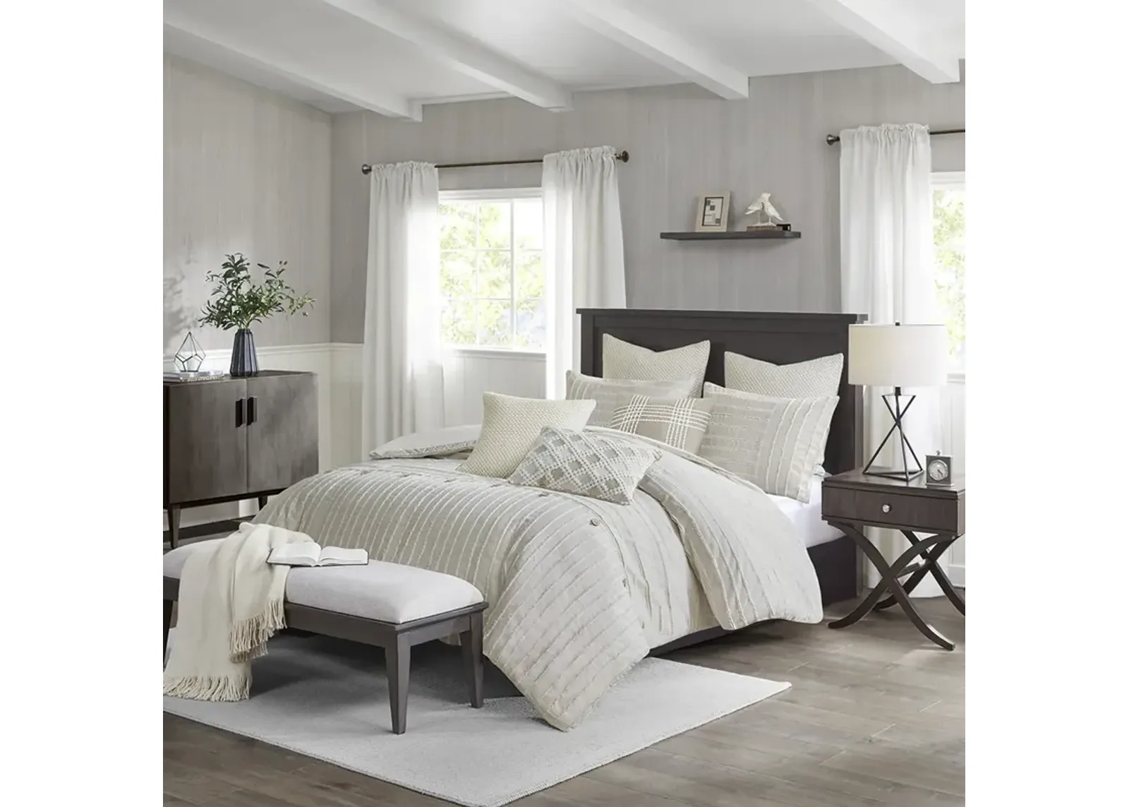 Madison Park Signature Essence Ivory Oversized Cotton Clipped Jacquard Comforter Set with Euro Shams and Throw Pillows