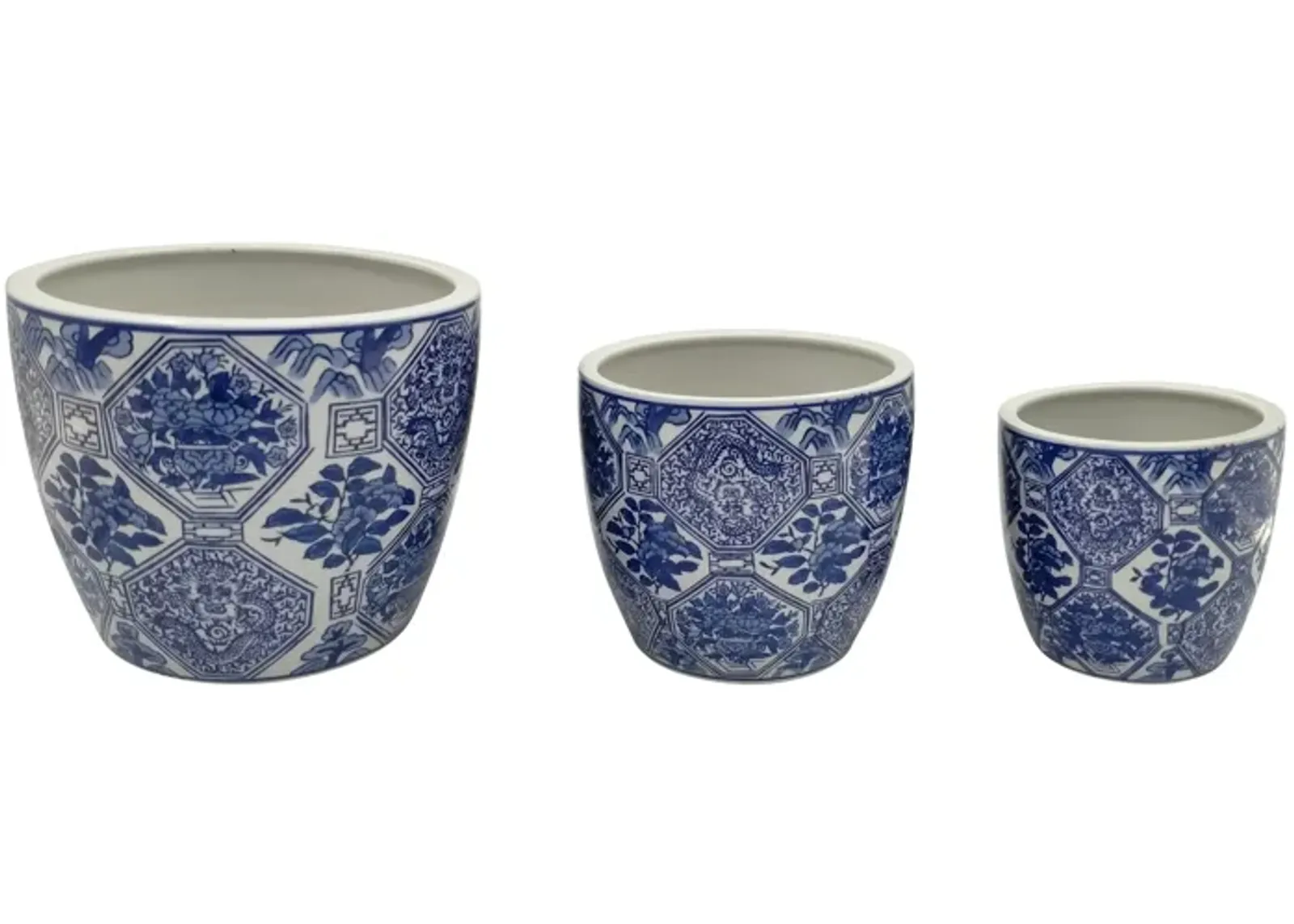 Cer, S/3 6/8/10" Chinoiserie Planters, Blue/white