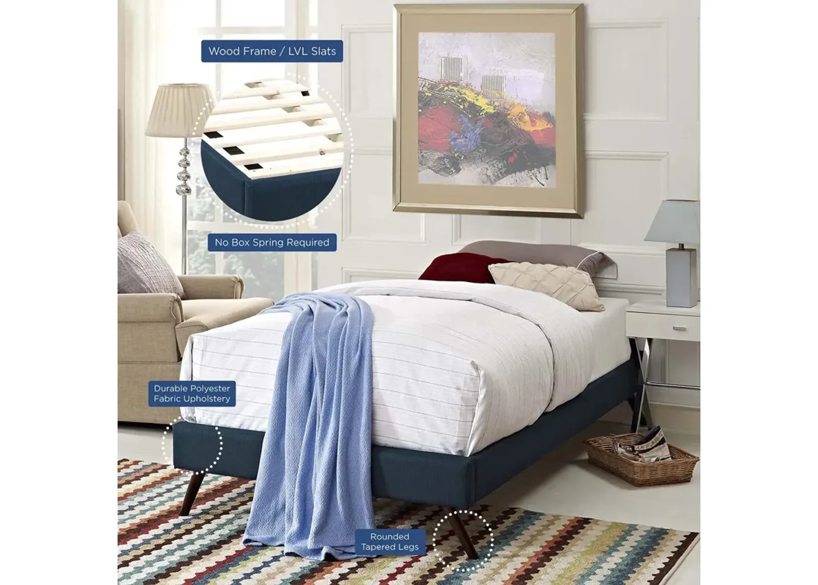 Loryn Twin Fabric Bed Frame with Round Splayed Legs