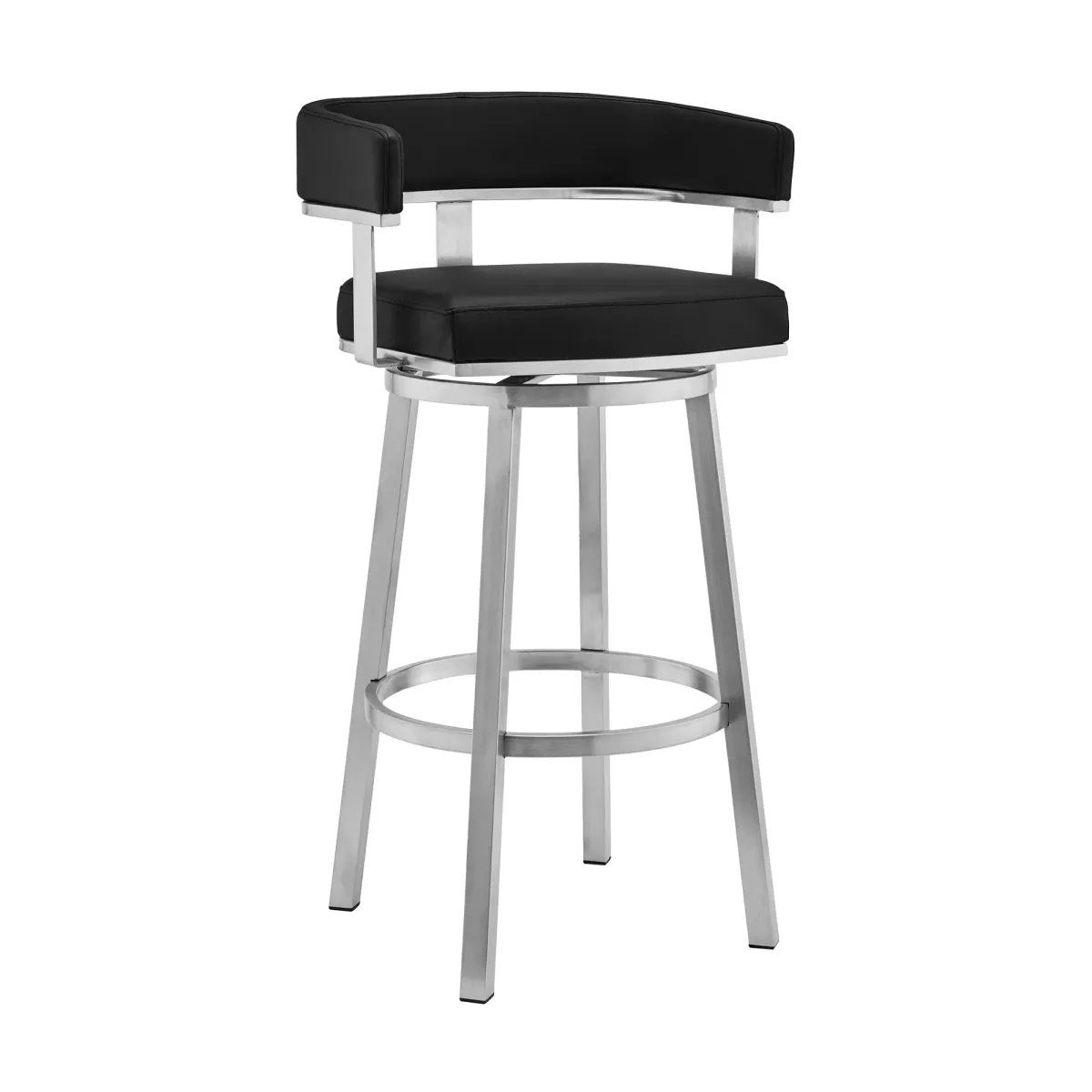 Lorin 30" Black Faux Leather and Brushed Stainless Steel Swivel Bar Stool