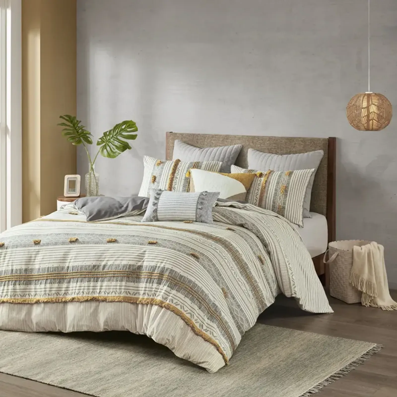 INK+IVY Cody Gray/Yellow 3 Piece Cotton Duvet Cover Set