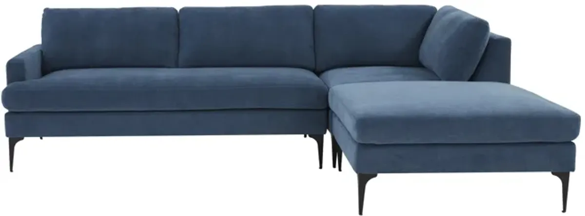 Serena Blue Velvet RAF Chaise Sectional with Black Legs